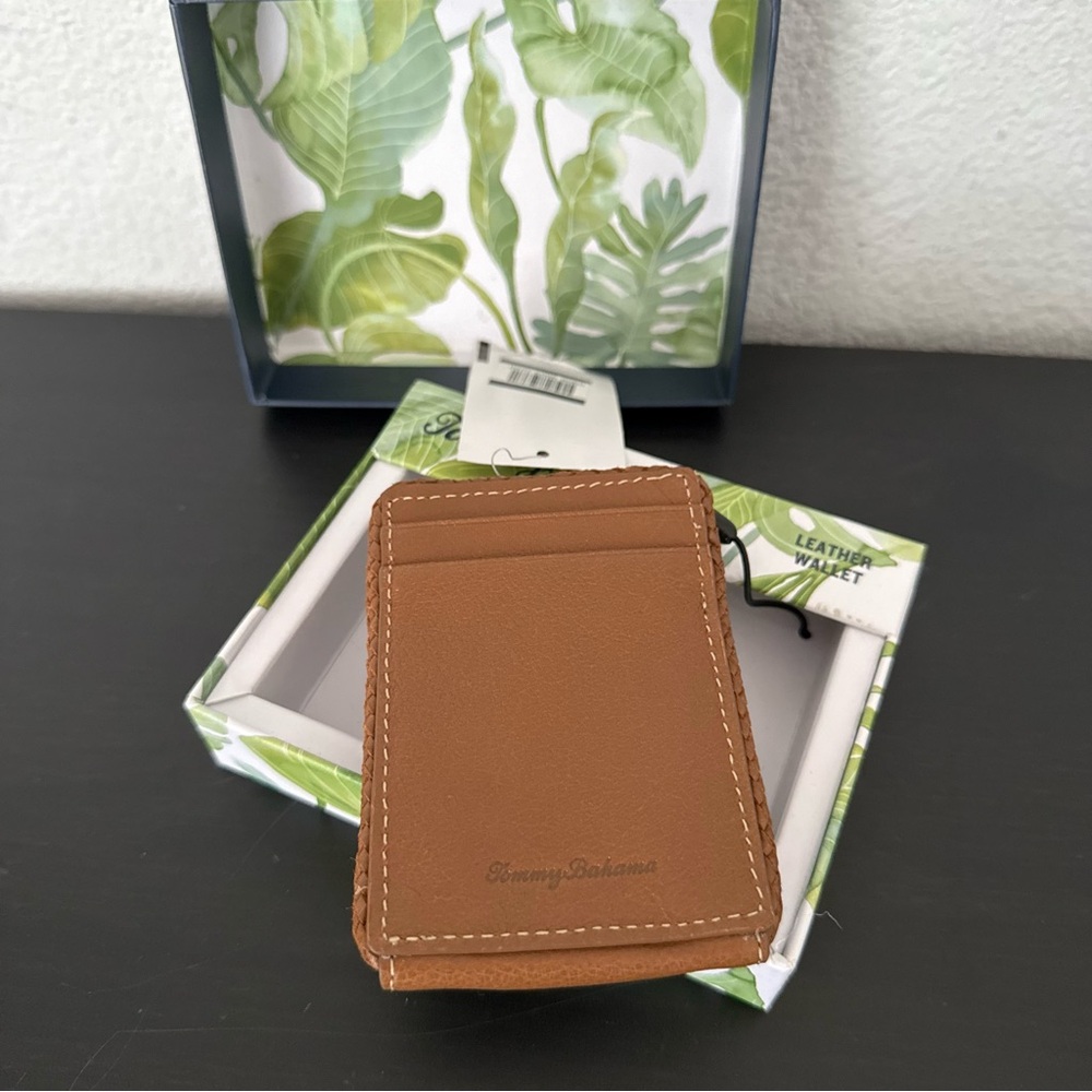 NEW Tommy Bahama Braided Edge Leather Bifold Wallet Slim Magnetic